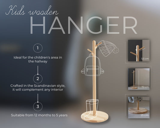 Kids Wooden Clothes Rack | Montessori Furniture | Toddler Coat Hanger Stand | 18M+