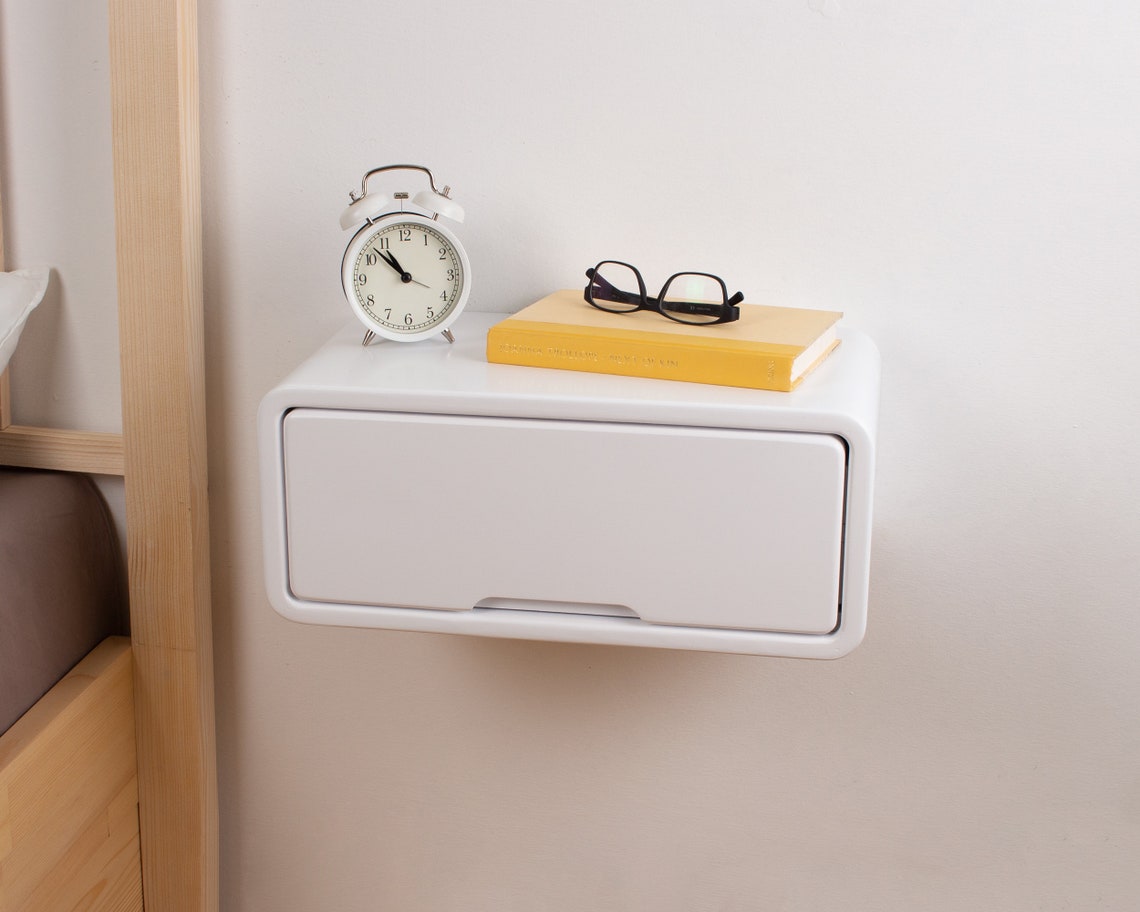 Modern Minimal Floating Wooden Nightstand with Drawer | Handcrafted Bedside Table | White Modern Style Bedside Table | Hardware Included