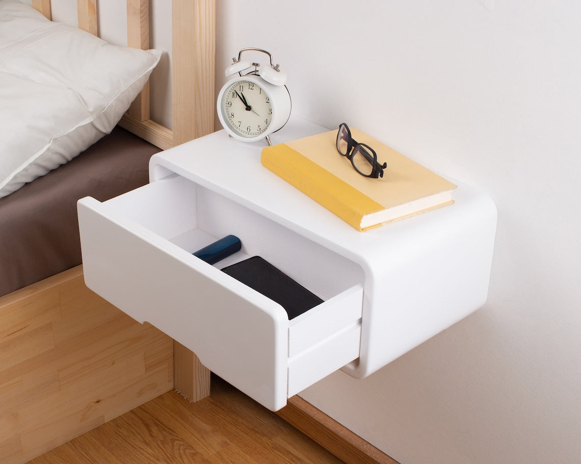 Modern Minimal Floating Wooden Nightstand with Drawer | Handcrafted Bedside Table | White Modern Style Bedside Table | Hardware Included