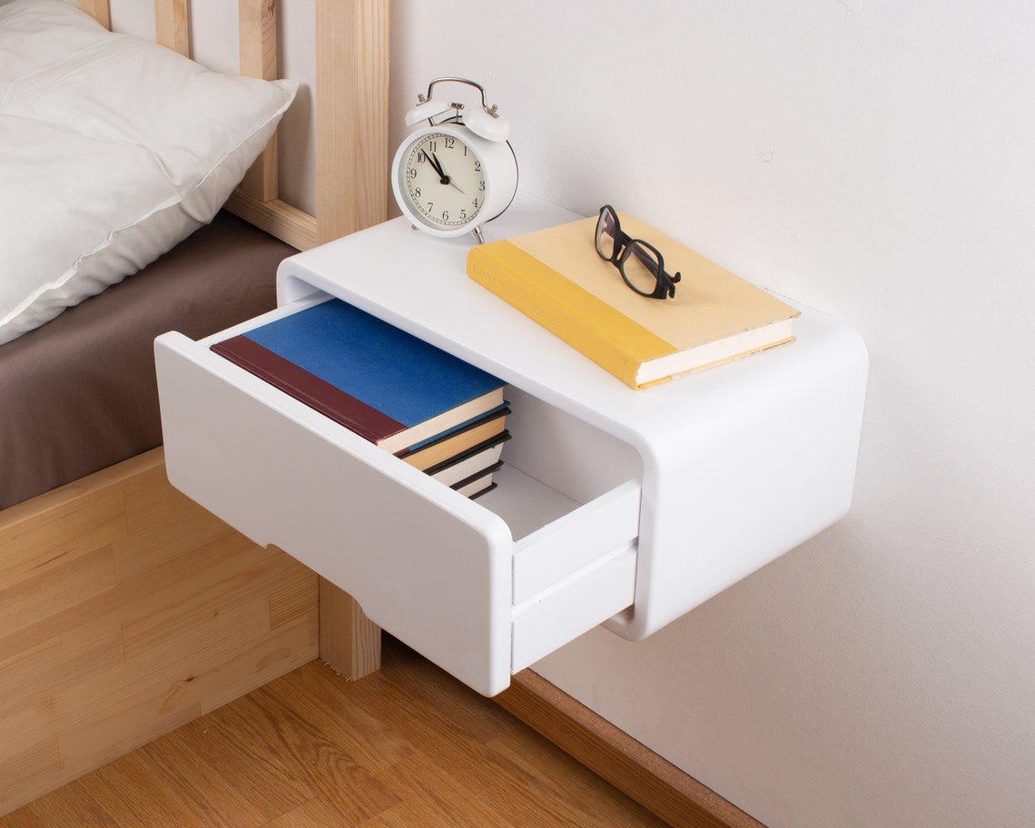 Modern Minimal Floating Wooden Nightstand with Drawer | Handcrafted Bedside Table | White Modern Style Bedside Table | Hardware Included
