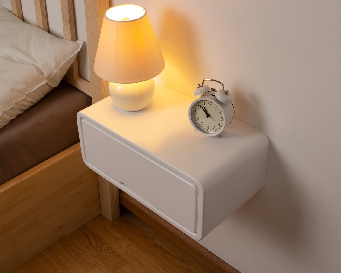 Modern Minimal Floating Wooden Nightstand with Drawer | Handcrafted Bedside Table | White Modern Style Bedside Table | Hardware Included
