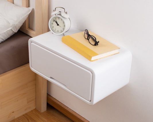 Modern Minimal Floating Wooden Nightstand with Drawer | Handcrafted Bedside Table | White Modern Style Bedside Table | Hardware Included