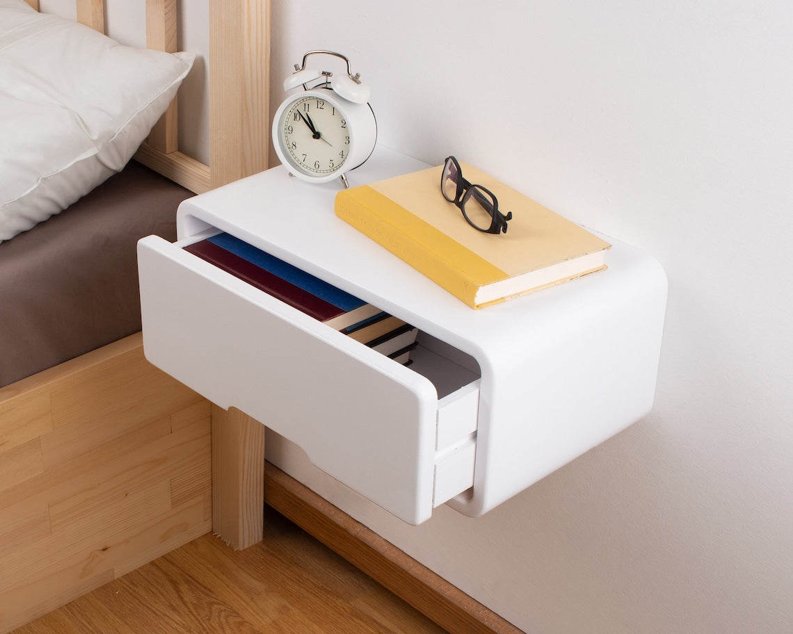 Modern Minimal Floating Wooden Nightstand with Drawer | Handcrafted Bedside Table | White Modern Style Bedside Table | Hardware Included