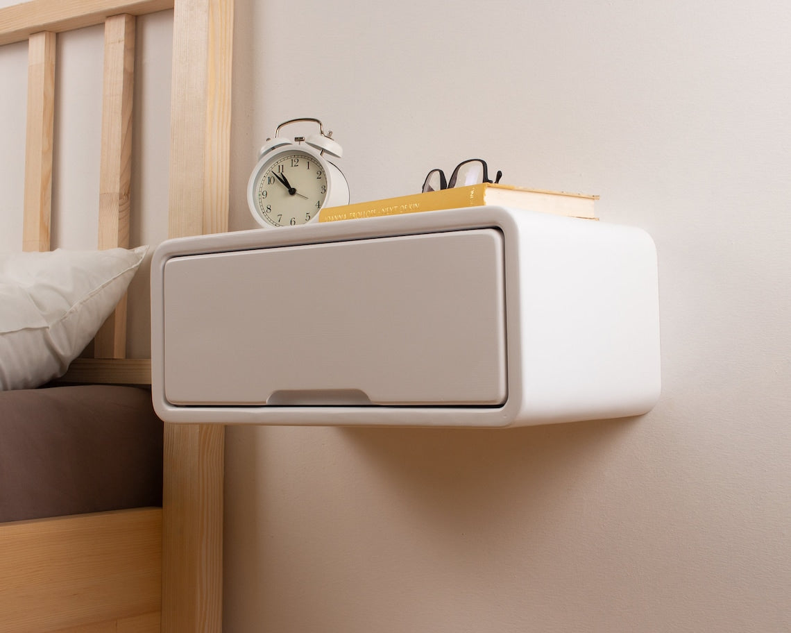 Modern Minimal Floating Wooden Nightstand with Drawer | Handcrafted Bedside Table | White Modern Style Bedside Table | Hardware Included