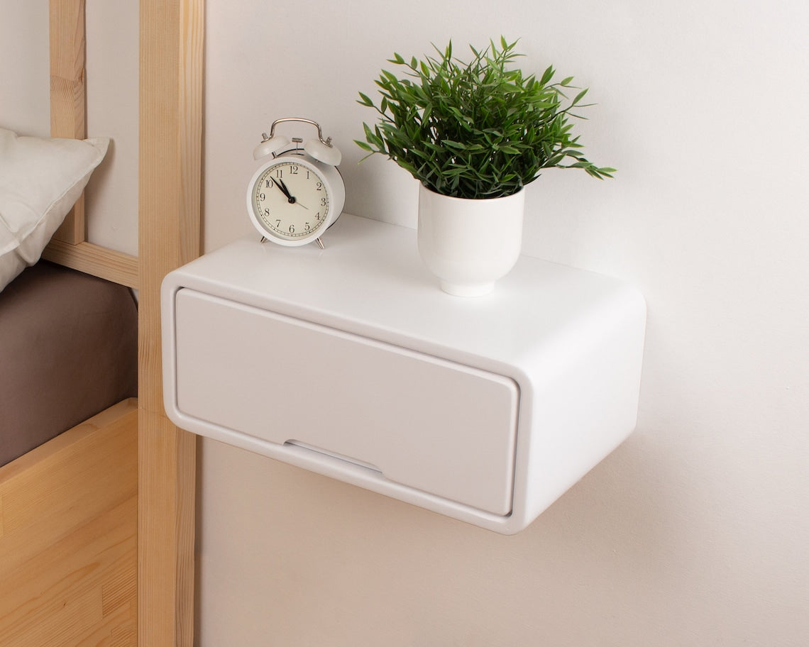 Modern Minimal Floating Wooden Nightstand with Drawer | Handcrafted Bedside Table | White Modern Style Bedside Table | Hardware Included