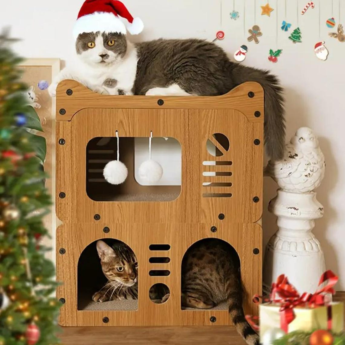 Deluxe Multi-Level Cat House, Indoor Modern Cat Villa, Multi-Cat Playground with Scratching Zone, Toy Ball & Cozy Lounge