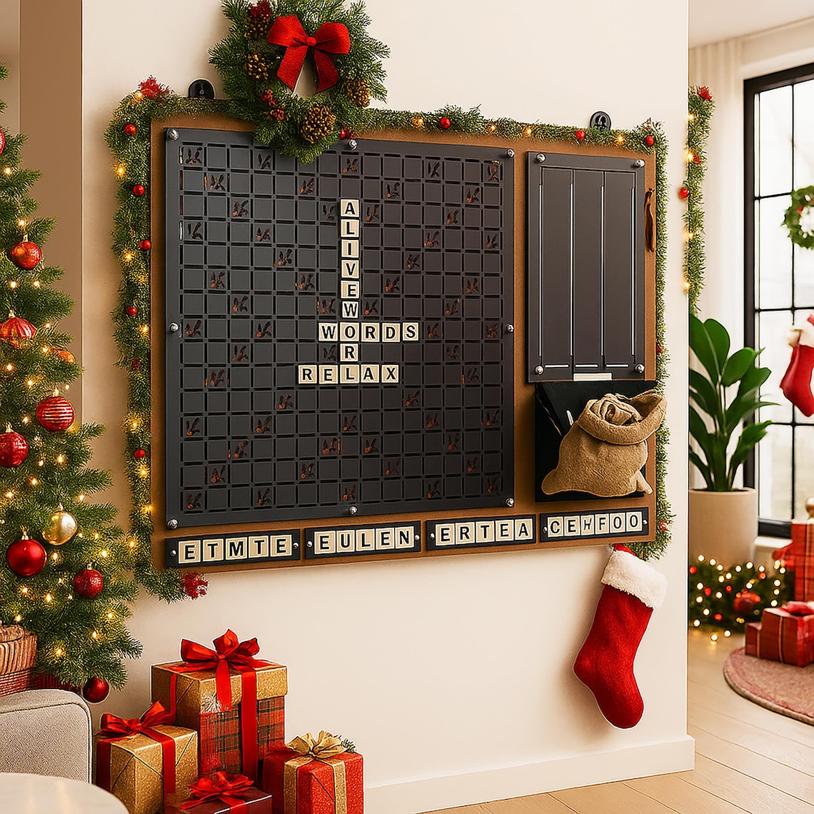 Unique Magnetic Word Tile Set Wall Art – Rustic Wooden Scrabble Game, Christmas Gifts